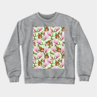 Magnolia Flowers With Butterflies On Green Background Crewneck Sweatshirt